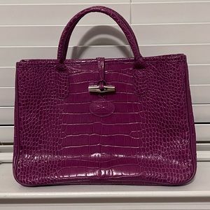 Longchamp Purple Croc Embossed Leather Roseau Tote